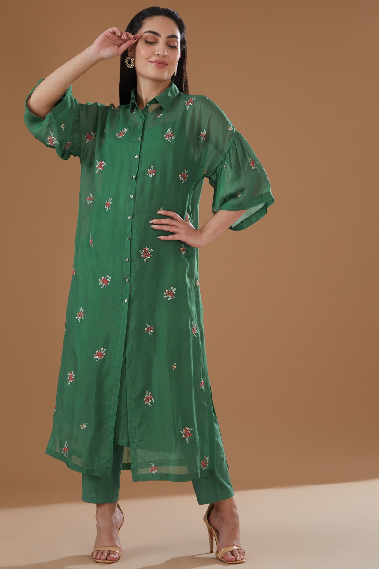 Green Organza Floral Embroidered Tunic Shirt Set