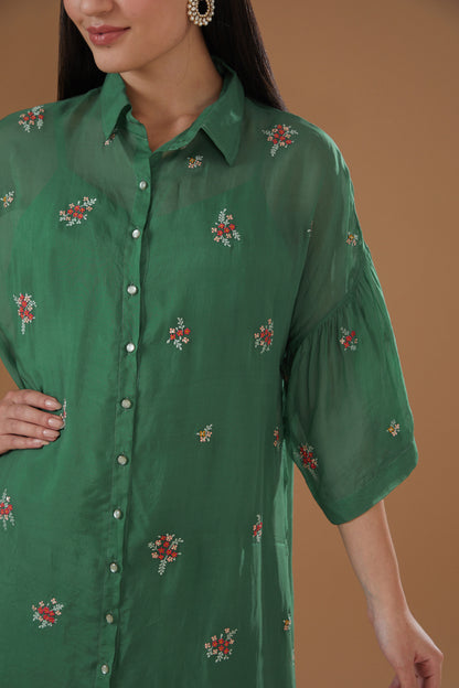 Green Organza Floral Embroidered Tunic Shirt Set