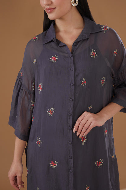 Powder Grey Organza Floral Embroidered Tunic Shirt Set