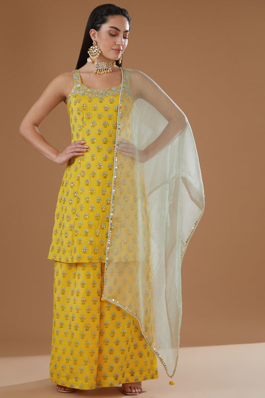 Mustard Chiffon Short Kurta Sharara Set