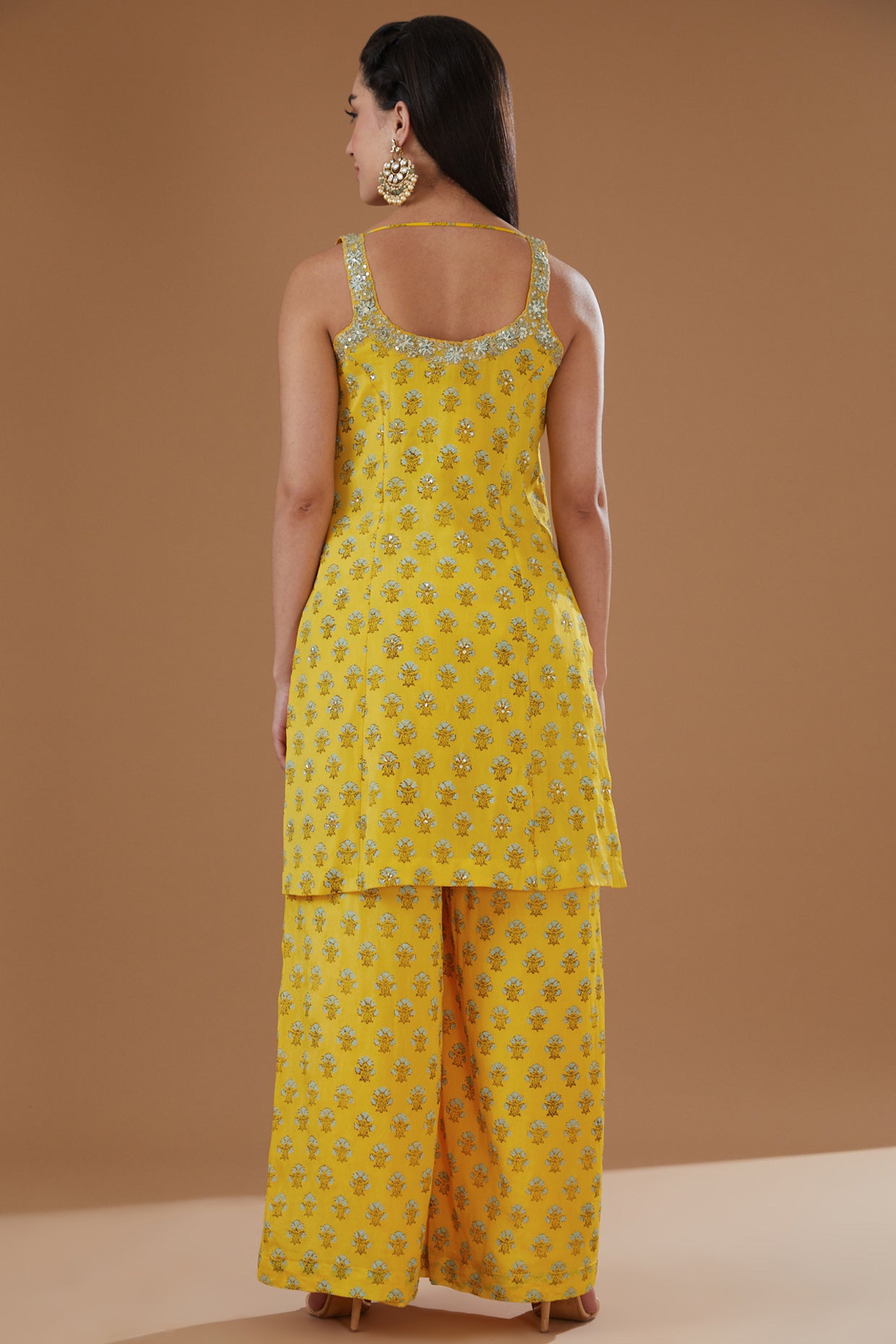 Mustard Chiffon Short Kurta Sharara Set