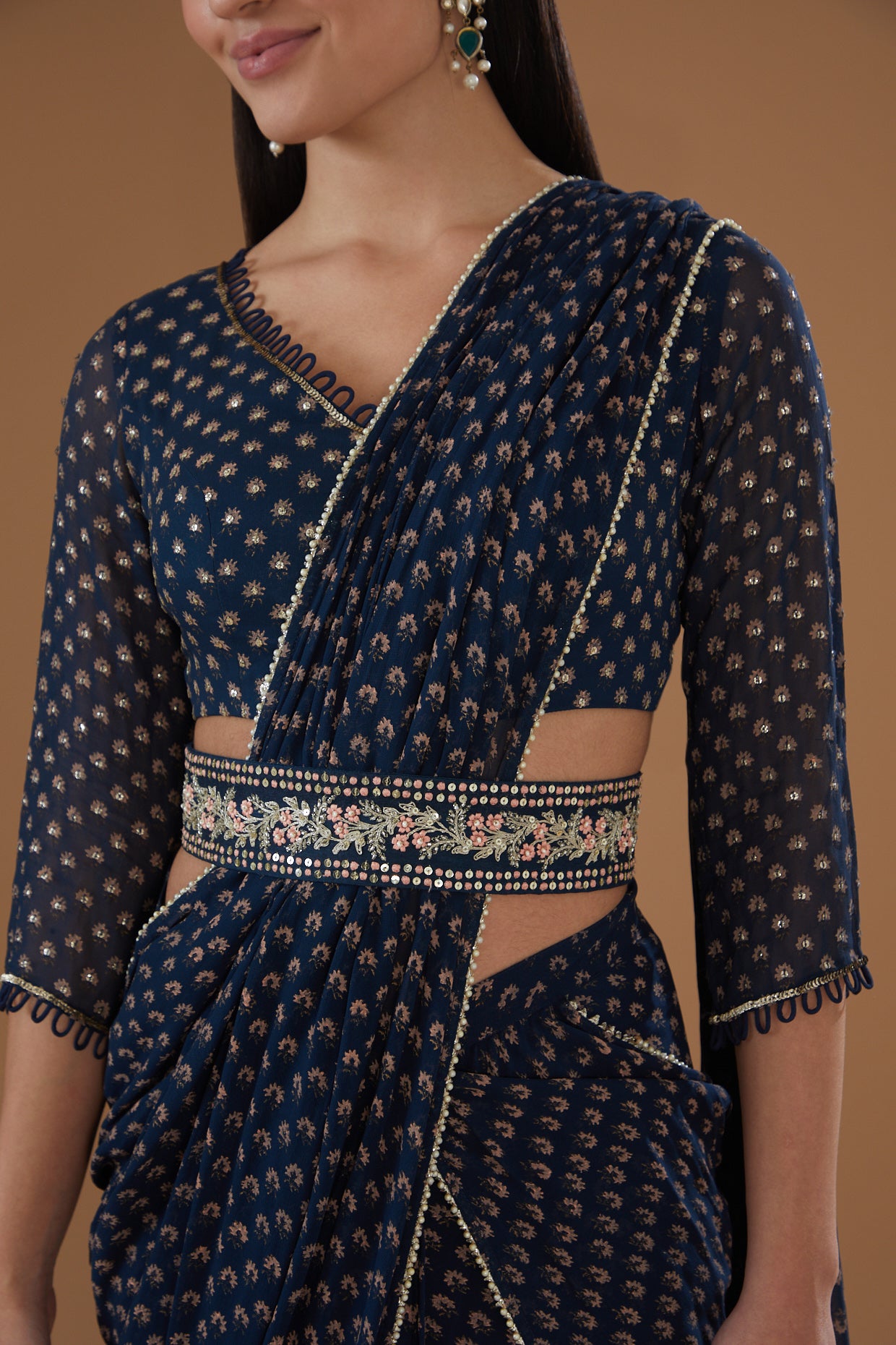 Indigo Printed Georgette Draped Saree Set