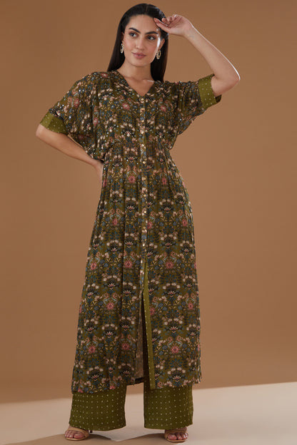 Olive Green Chiffon Floral Printed Kaftan Set