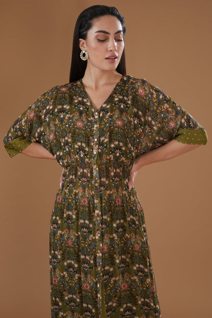 Olive Green Chiffon Floral Printed Kaftan Set