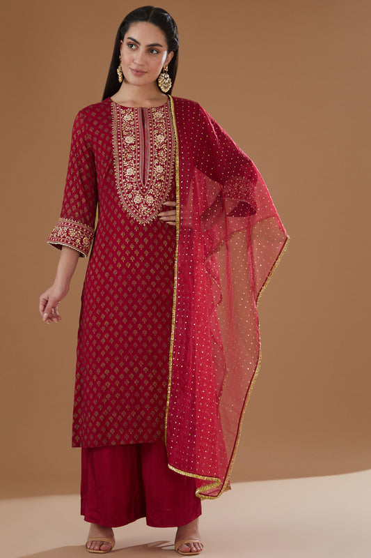 Cherry Red Chanderi Embroidered Straight Kurta Set