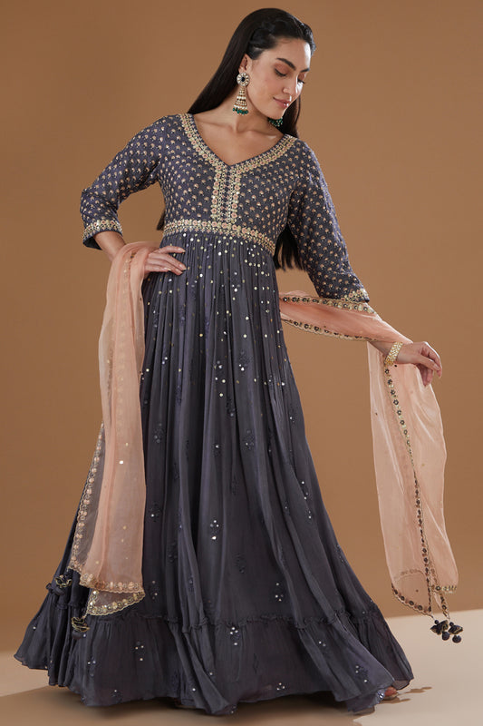 Powder Grey Printed And Embroidered Flared Anarkali Set