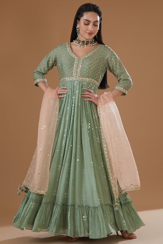 Aqua Printed And Embroidered Flared Anarkali Set