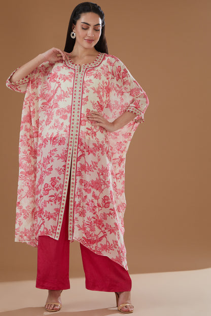 Ivory-Pink Chiffon Floral Printed Kaftan Set