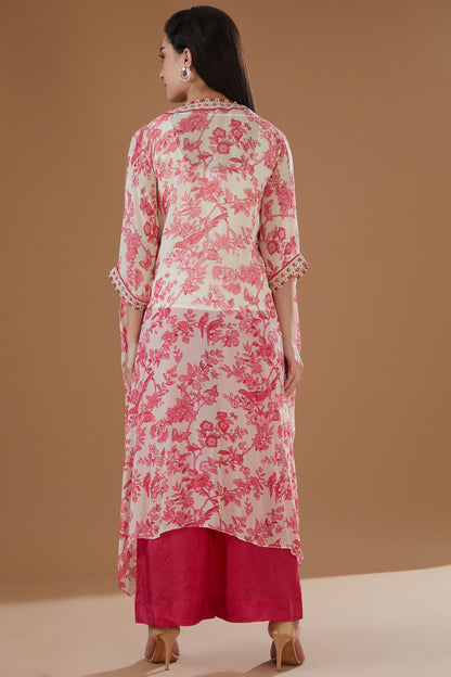 Ivory-Pink Chiffon Floral Printed Kaftan Set