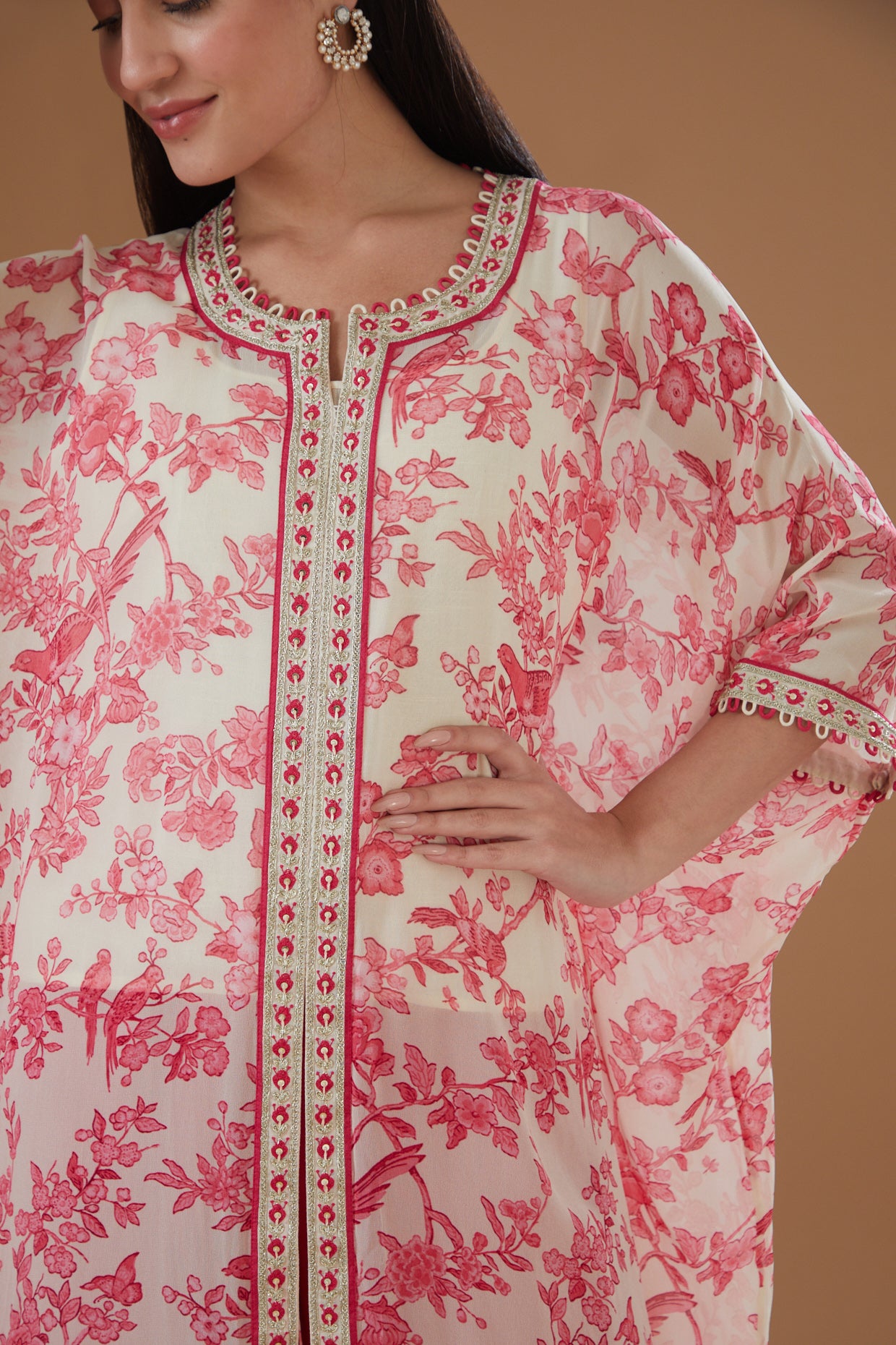 Ivory-Pink Chiffon Floral Printed Kaftan Set