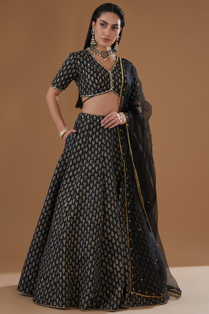 Black Printed And Embroidered Silk Lehenga Set