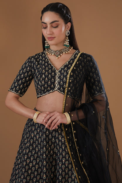 Black Printed And Embroidered Silk Lehenga Set