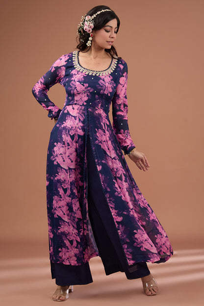 Indigo Printed & Embroidered Chiffon Kurta Set