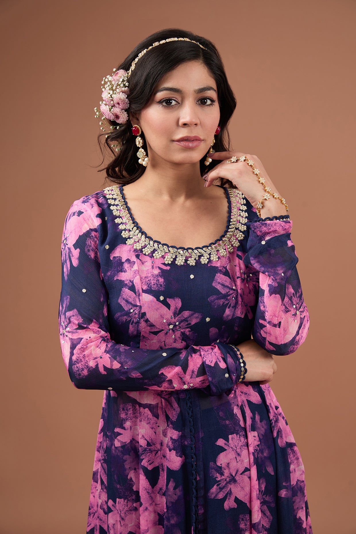 Indigo Printed & Embroidered Chiffon Kurta Set