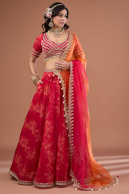 Cherry Red Printed & Embroidered Organza Lehenga Set