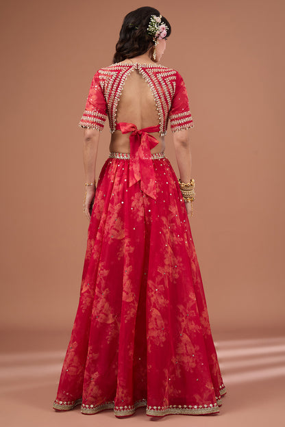 Cherry Red Printed & Embroidered Organza Lehenga Set