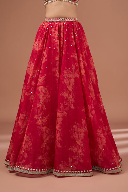 Cherry Red Printed & Embroidered Organza Lehenga Set