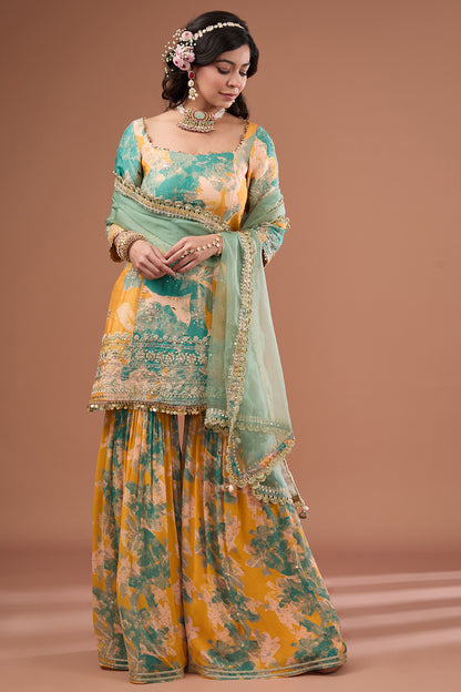 Mango Silk Printed & Embroidered Sharara Set