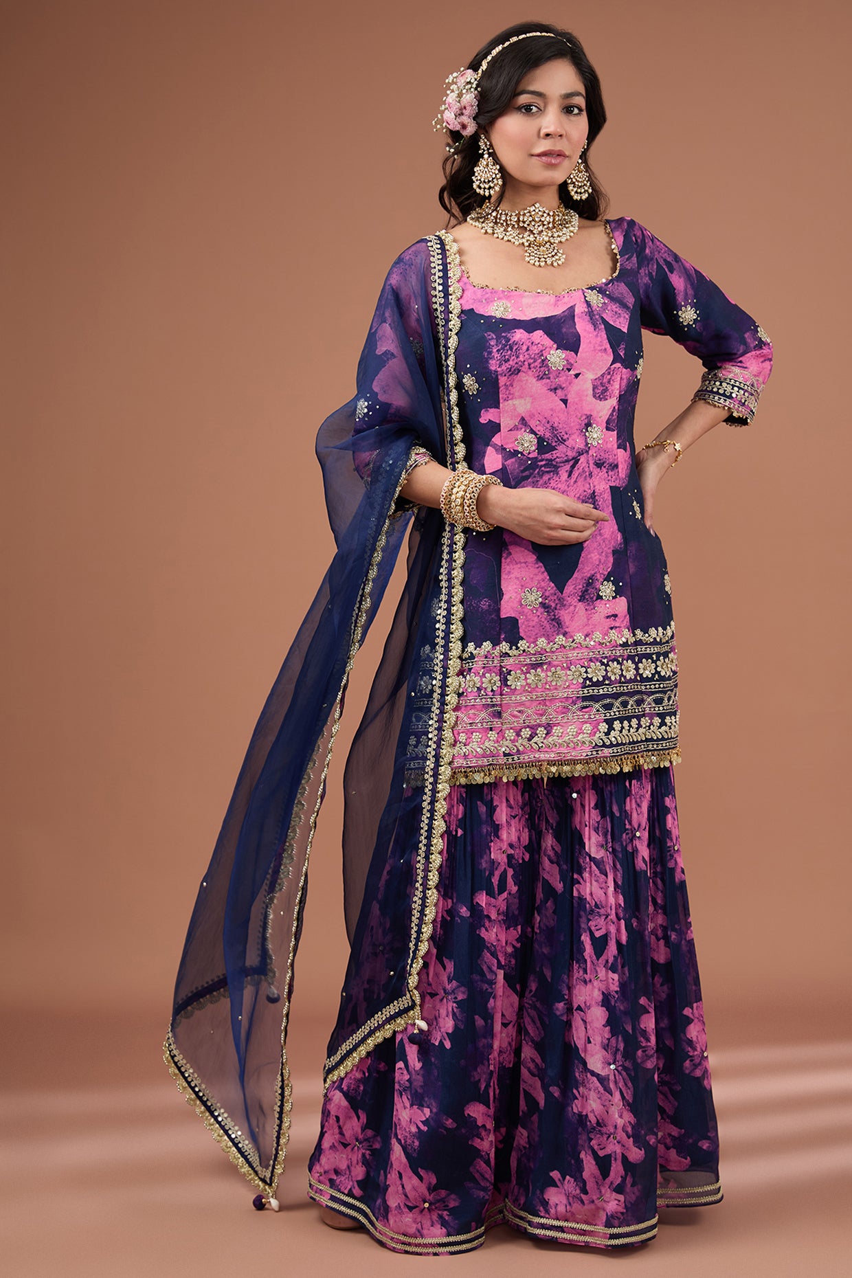 Indigo Printed & Embroidered Silk Sharara Set