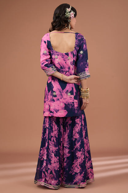 Indigo Printed & Embroidered Silk Sharara Set