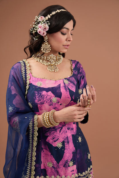 Indigo Printed & Embroidered Silk Sharara Set