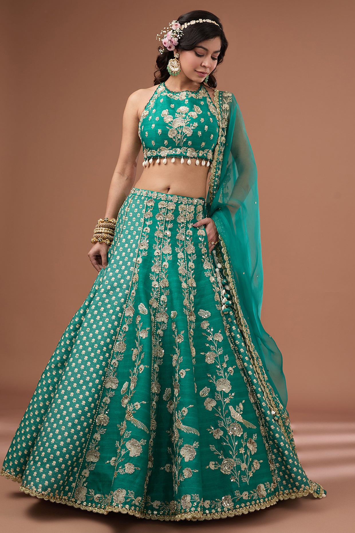 Green Silk Printed & Embroidered Concept Lehenga Set