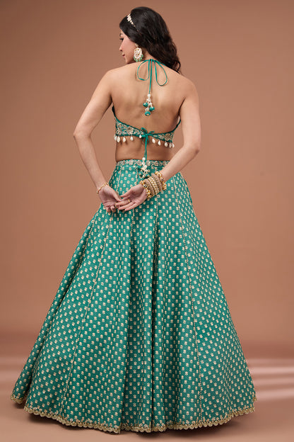 Green Silk Printed & Embroidered Concept Lehenga Set