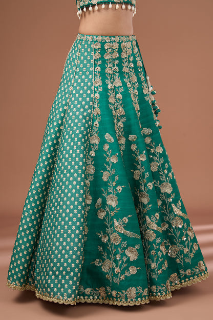 Green Silk Printed & Embroidered Concept Lehenga Set