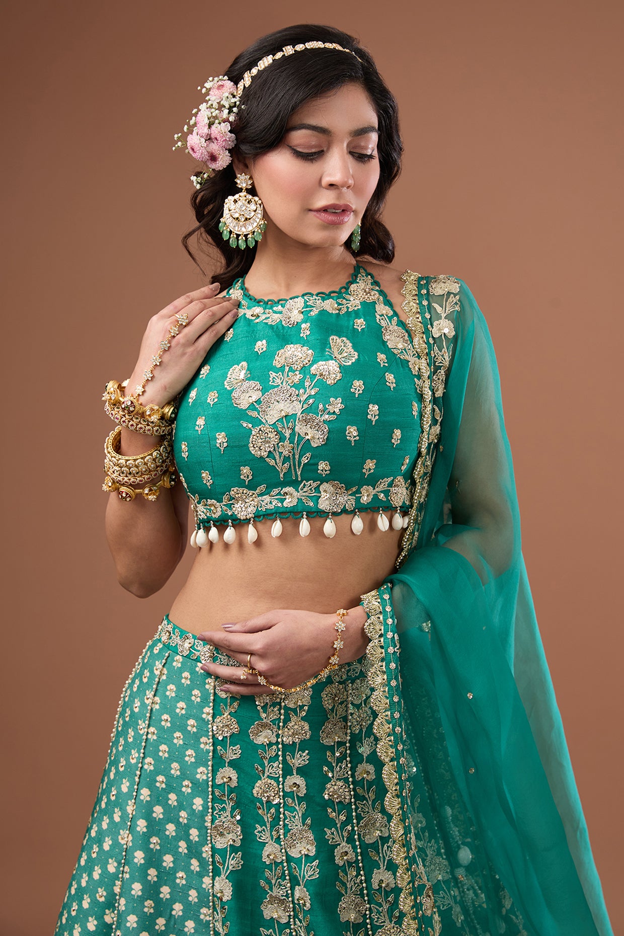 Green Silk Printed & Embroidered Concept Lehenga Set