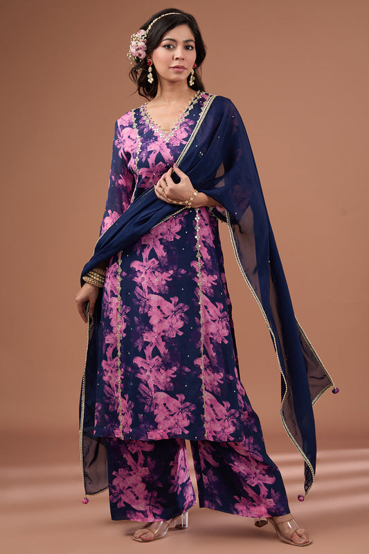 Indigo Printed & Embroidered Straight Kurta Set