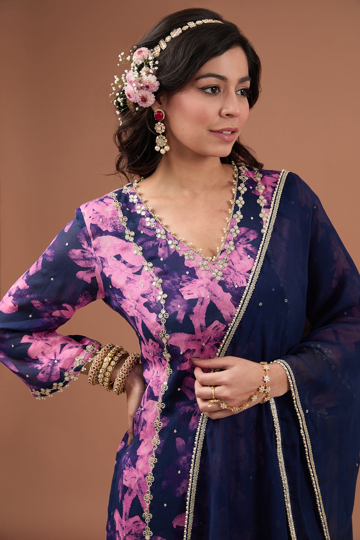 Indigo Printed & Embroidered Straight Kurta Set