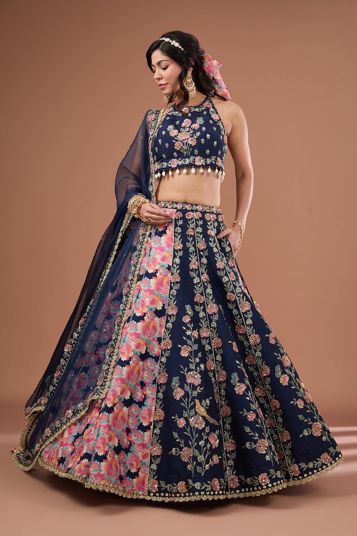 Indigo Silk Printed & Embroidered Concept Lehenga Set