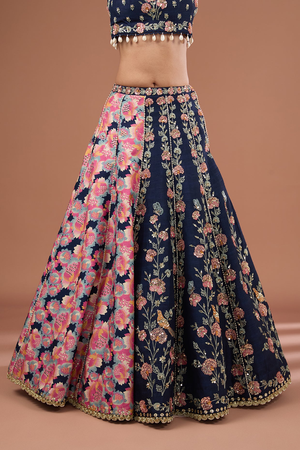 Indigo Silk Printed & Embroidered Concept Lehenga Set