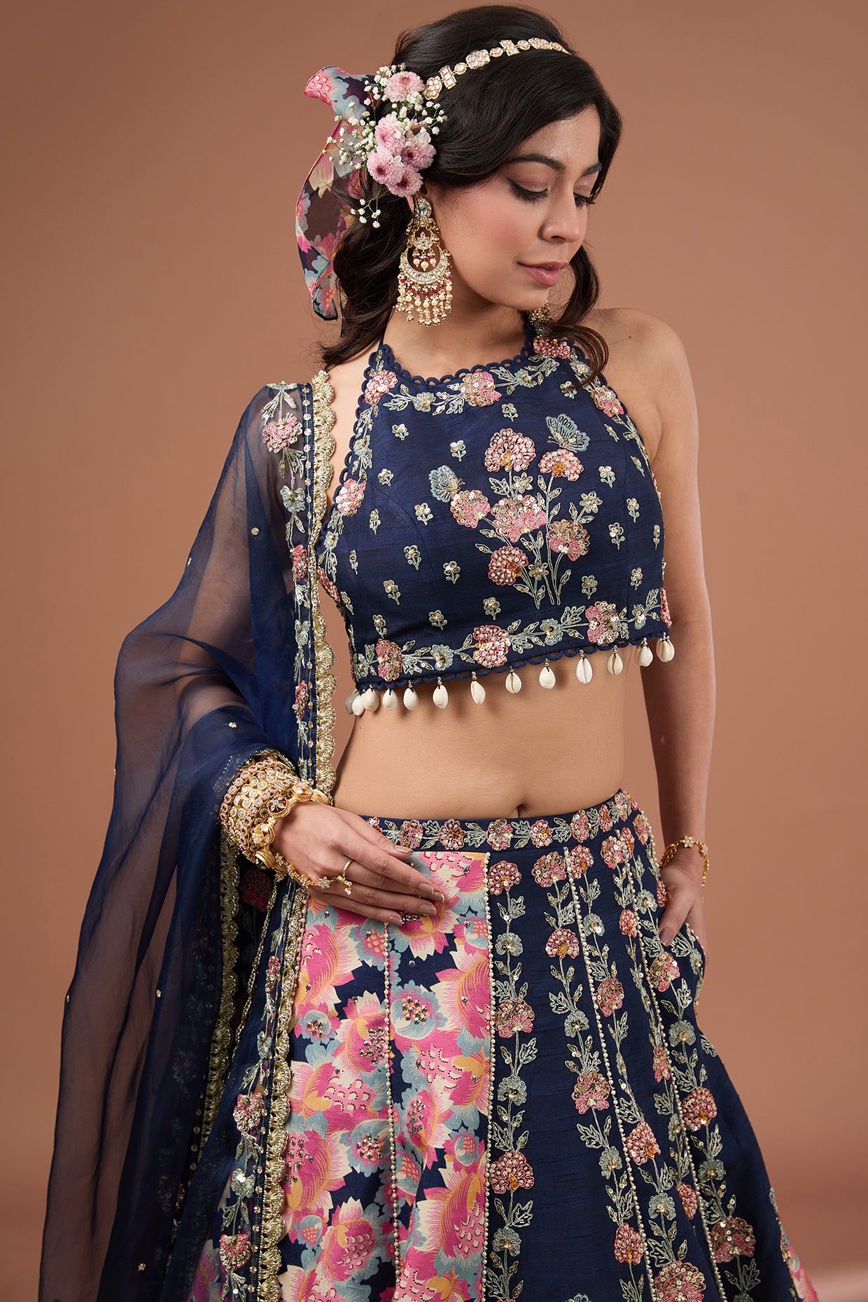 Indigo Silk Printed & Embroidered Concept Lehenga Set