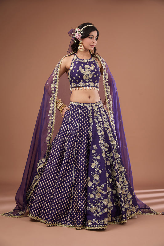 Royal Purple Silk Printed & Embroidered Concept Lehenga Set