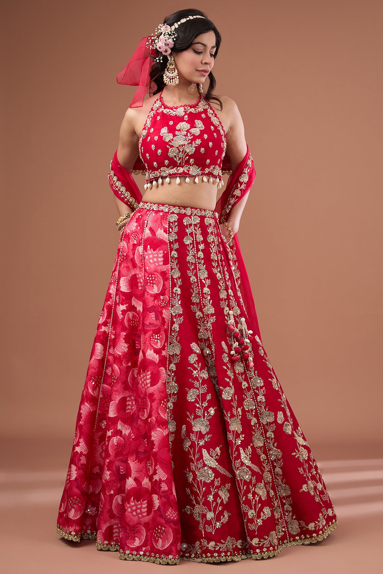 Cherry Silk Printed & Embroidered Concept Lehenga Set