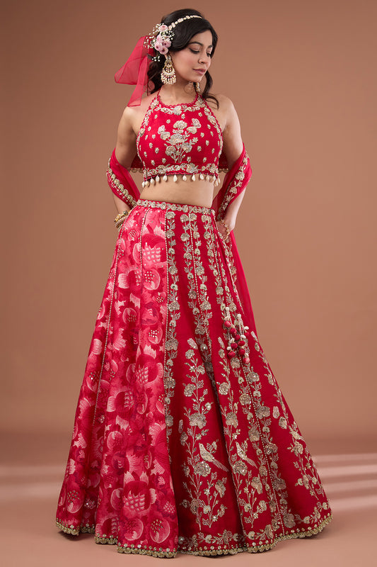 Cherry Silk Printed & Embroidered Concept Lehenga Set