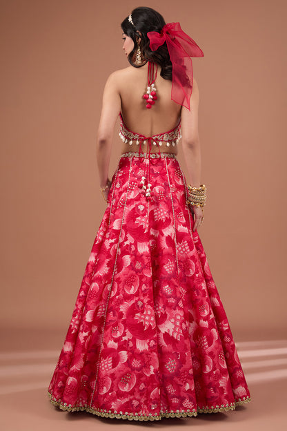 Cherry Silk Printed & Embroidered Concept Lehenga Set