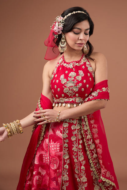 Cherry Silk Printed & Embroidered Concept Lehenga Set