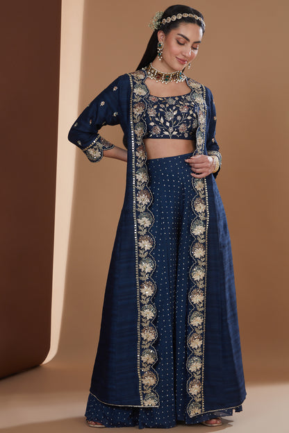 Indigo Silk Embroidered Long Jacket Sharara Set