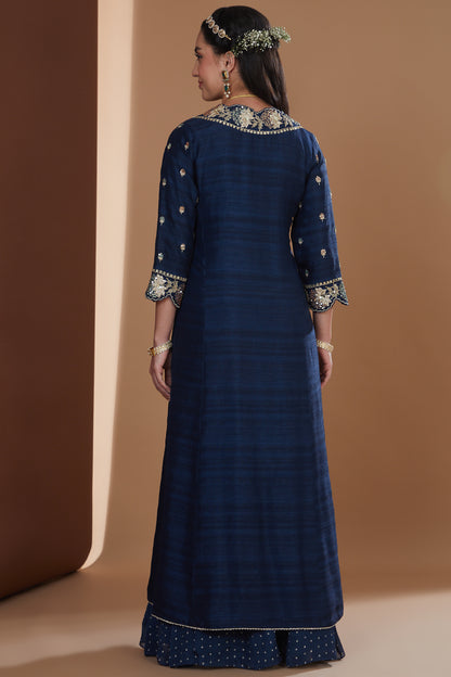 Indigo Silk Embroidered Long Jacket Sharara Set