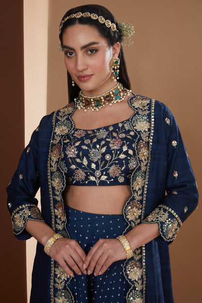 Indigo Silk Embroidered Long Jacket Sharara Set