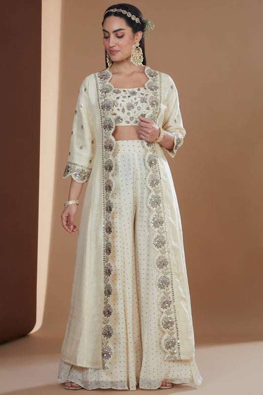 Ivory Silk Embroidered Long Jacket Sharara Set