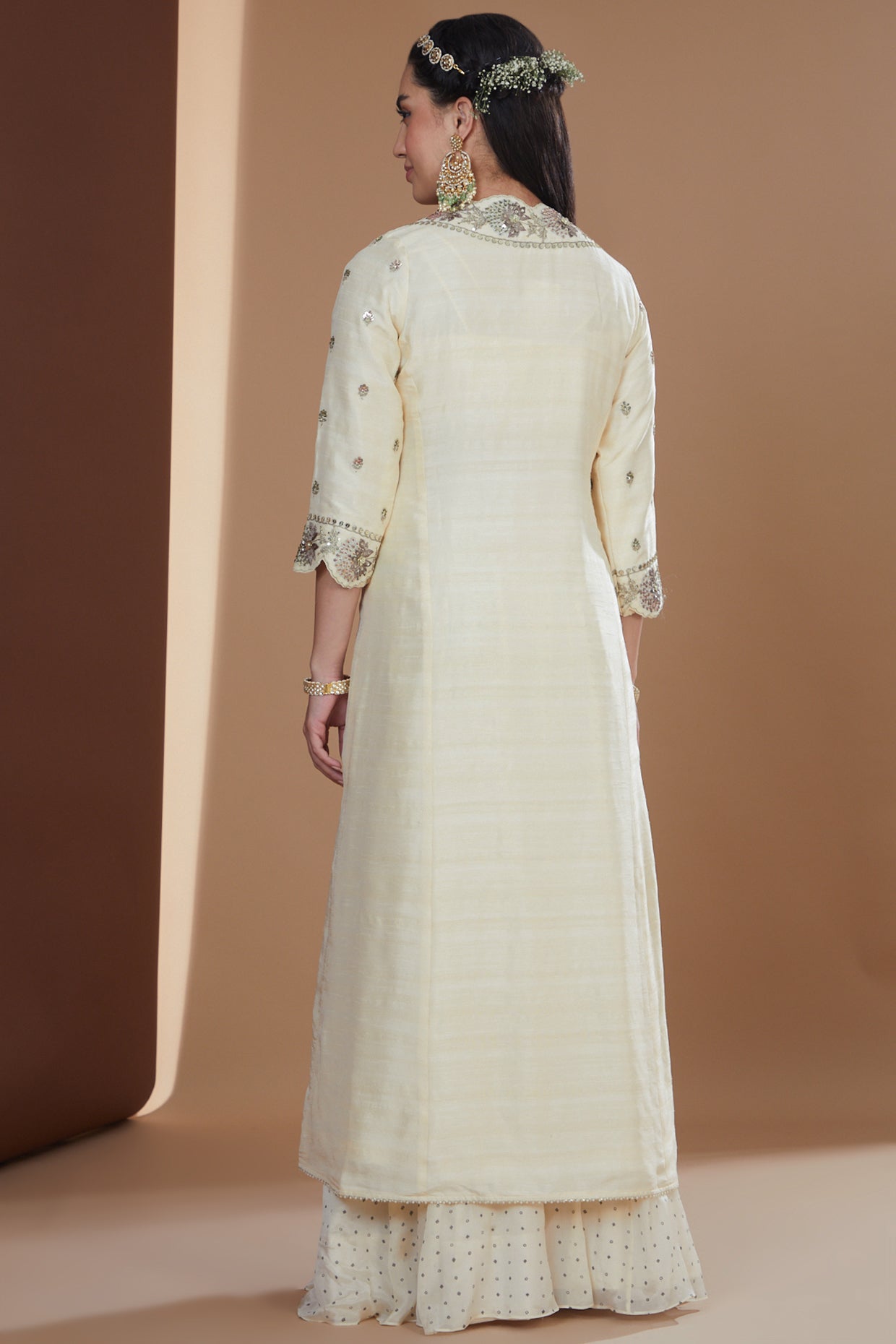 Ivory Silk Embroidered Long Jacket Sharara Set