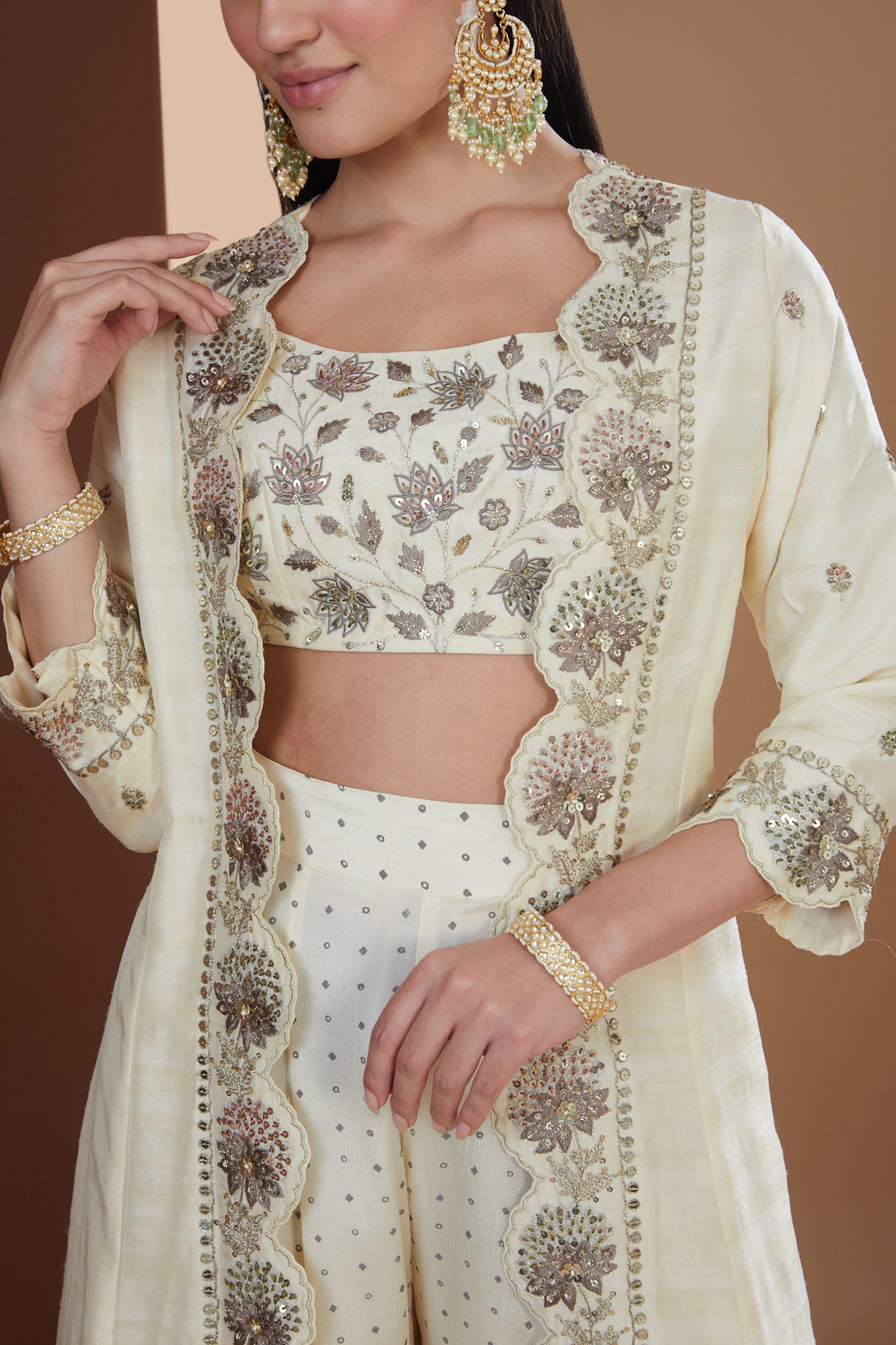 Ivory Silk Embroidered Long Jacket Sharara Set