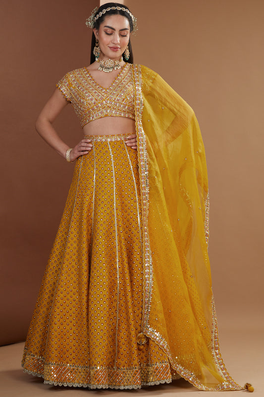 Mustard Silk Hand Embroidered Kalidaar Lehenga Set