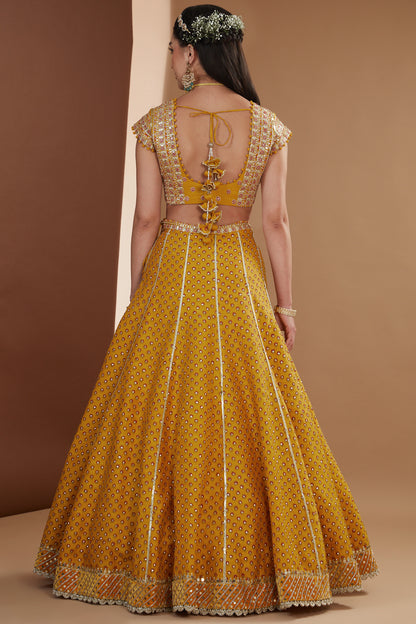 Mustard Silk Hand Embroidered Kalidaar Lehenga Set