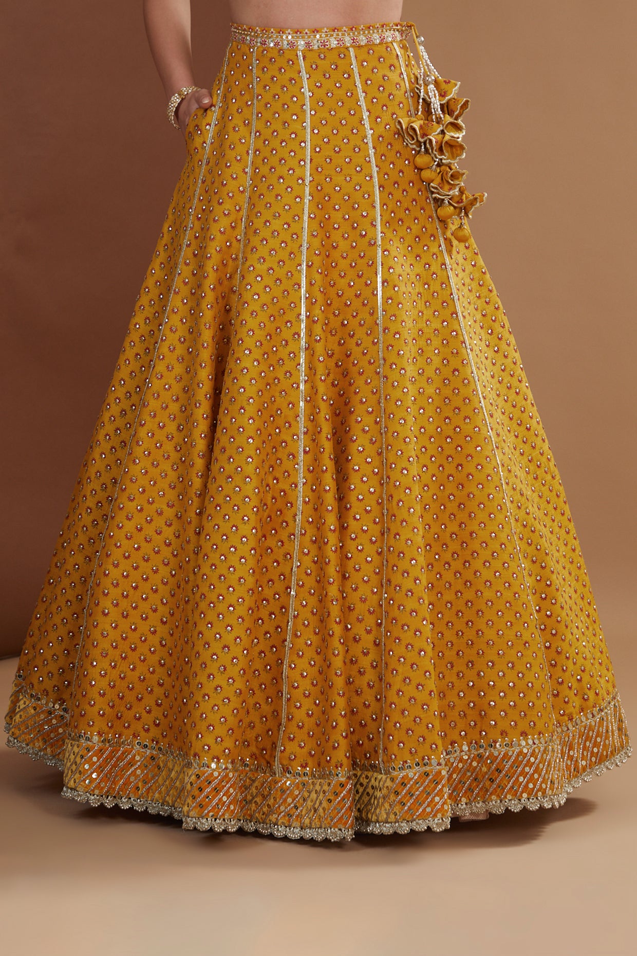 Mustard Silk Hand Embroidered Kalidaar Lehenga Set