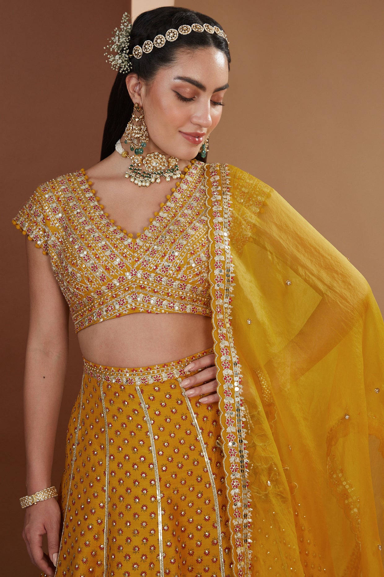 Mustard Silk Hand Embroidered Kalidaar Lehenga Set