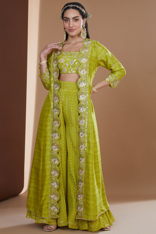 Moss Green Silk Embroidered Long Jacket Sharara Set